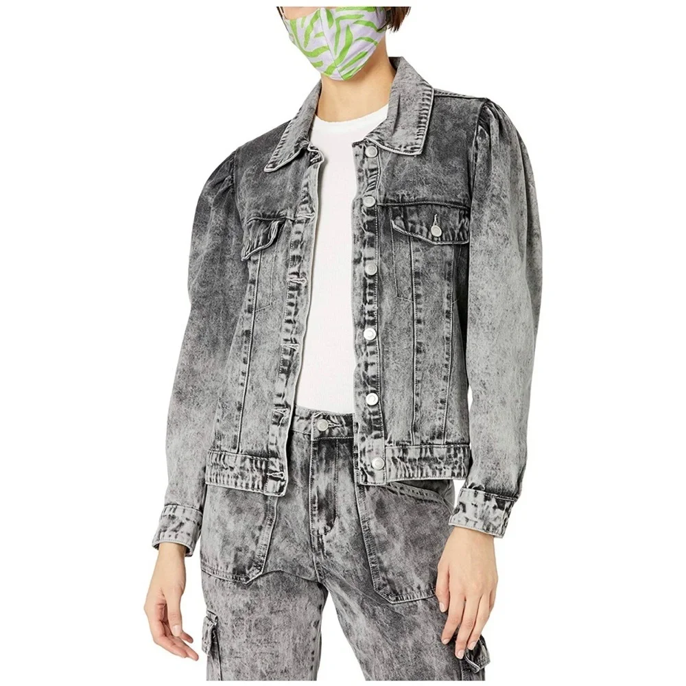 Women's Puff Sleeve Denim Jacket grey/black acid wash - Picture 2 of 7